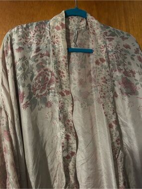 Magnolia Pearl Pale Pink Floral Satin Kimono Robe with Gray-Green Accents